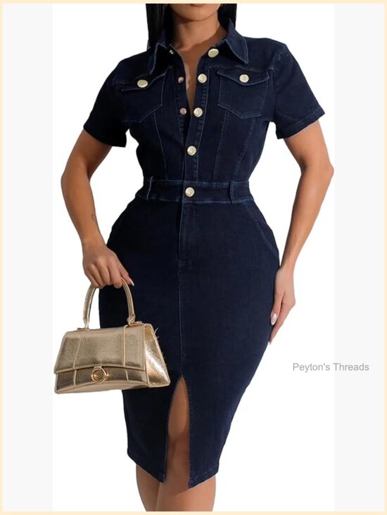 Dresses & Skirts - Bodycon Denim Dress with Zipper Short Sleeve V-Neck Midi Club Night Party Dress